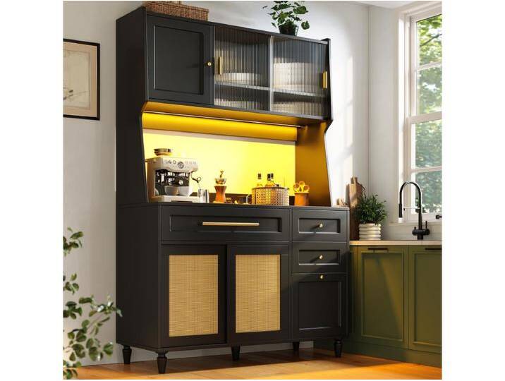 Hohes Küchen-Sideboard – 120 x 45 x 195,5 cm – mit verstellbaren Böden + 3 Schubladen + 3 Türen + LEDs – MDF + PE-Rattan – Schwarz Hohes Küchen-Sideboard – 120 x 45 x 195,5 cm – mit verstellbaren Böden + 3 Schubladen + 3 Türen + LEDs – MDF + PE-Rattan – Schwarz von Kauf-Unique Marketplace