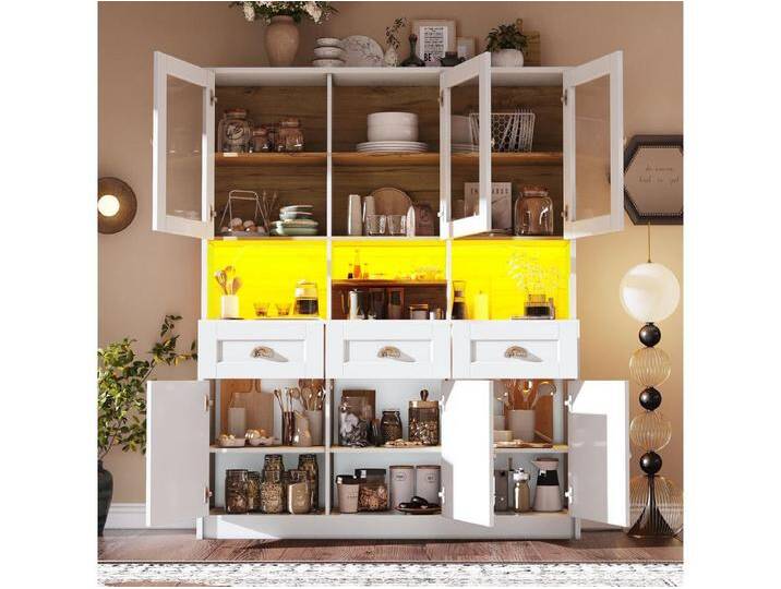 Hohes Küchen-Sideboard - 140 x 40 x 175cm - mit Türen + LEDs + 3 Schubladen - MDF - weiß Hohes Küchen-Sideboard - 140 x 40 x 175cm - mit Türen + LEDs + 3 Schubladen - MDF - weiß von Kauf-Unique Marketplace
