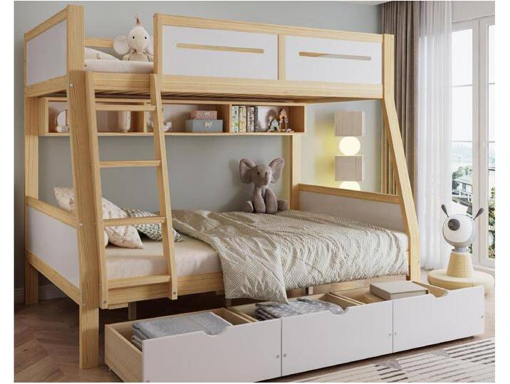 Holz-Etagenbett 90×200 cm + 120×200 cm - mit Leiter und 3 Schubladen - weiß + natur (ohne Matratze) von Kauf-Unique Marketplace