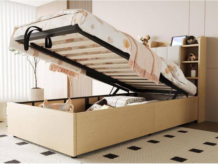 Holzbett mit Stauraum 90×200 cm - Kopfteil mit Staufach - mit USB- + Type-C-Anschlüssen - natur (Matratze nicht enthalten) von Kauf-Unique Marketplace