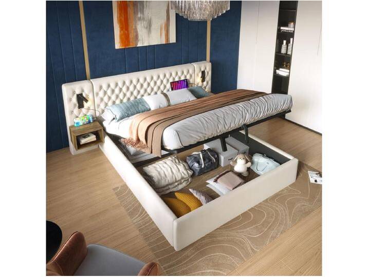 Hydraulisches Stauraumbett - 160 x 200 cm - mit 2 Nachttischen + Lampenkopfteil - Samt - Beige von Kauf-Unique Marketplace