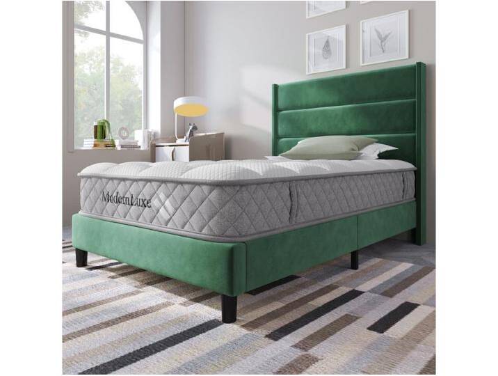 Jugendbett gepolstert - 90 x 200 cm - mit Lattenrost + Kopfteil - Leinen - grün (mit Matratze) von Kauf-Unique Marketplace