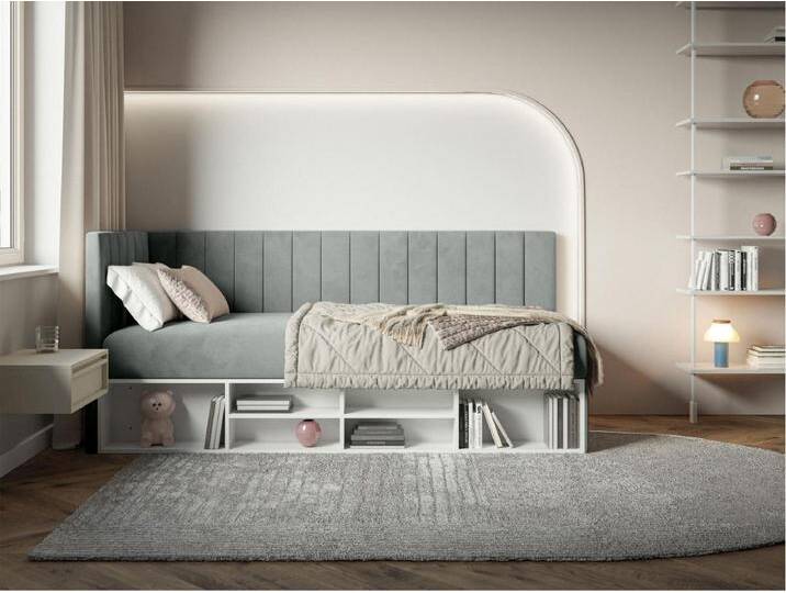 Jugendbett linksseitig mit Regalen, Easy-Clean-Samtbezug, grau - VENTRIO von Kauf-Unique Marketplace