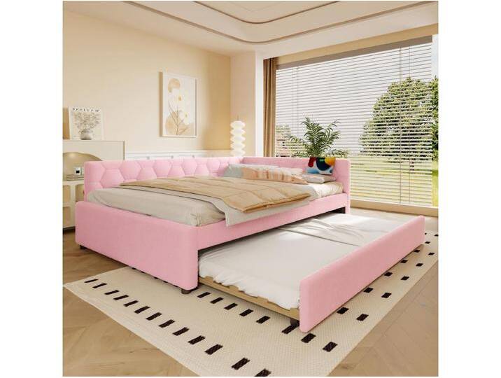 Kinder-Ausziehsofa - 140 x 200 cm + 90 x 190 cm - mit Nachttischlampe + USB - Samt - rosa von Kauf-Unique Marketplace