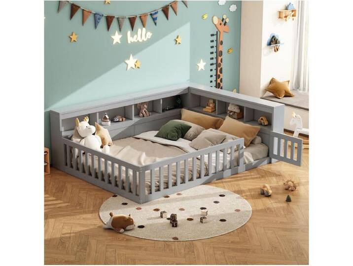 Kinder-Doppelbett - 140 x 190 cm - Nachttisch mit Stauraum + Steckdose + USB - mit Lattenrost - Spanplatte - Grau von Kauf-Unique Marketplace