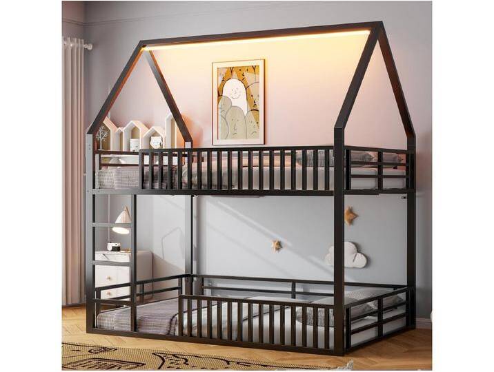 Kinder-Etagenbett - 2 x 140 x 200 cm - mit Barriere + LEDs - Metall - schwarz von Kauf-Unique Marketplace