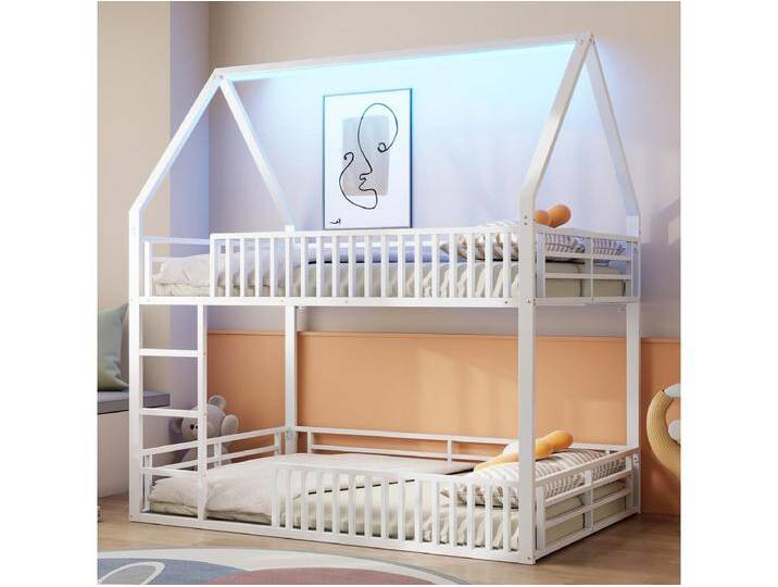 Kinder-Etagenbett - 2 x 140 x 200 cm - mit Barriere + LEDs - Metall - weiß von Kauf-Unique Marketplace