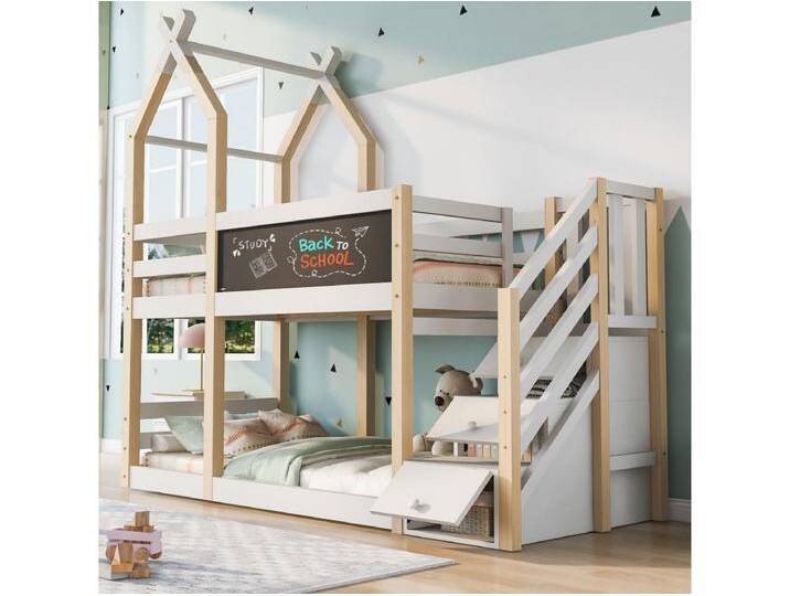 Kinder-Etagenbett - 2 x 90 x 200 cm - Baumhaus - Stauraum in der Treppe - weiß von Kauf-Unique Marketplace