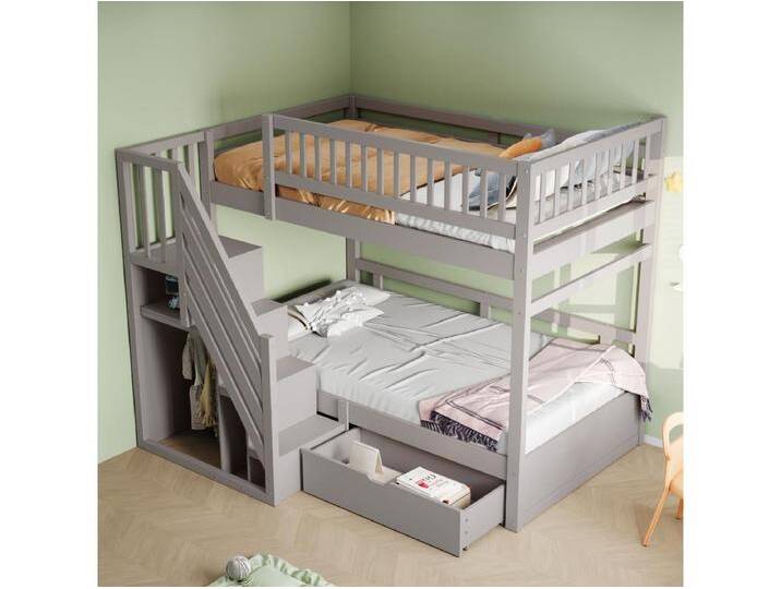Kinder-Etagenbett - 2 x 90 x 200 cm - mit 1 Schublade + Treppenstauraum - Holz + MDF - grau Kinder-Etagenbett - 2 x 90 x 200 cm - mit 1 Schublade + Treppenstauraum - Holz + MDF - grau von Kauf-Unique Marketplace