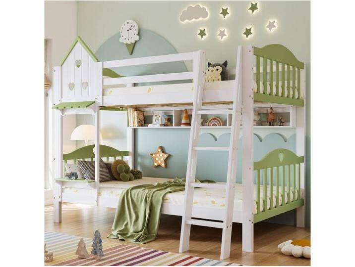 Kinder-Etagenbett - 2 x 90 x 200 cm - mit Dach und Fenster - Stauraum + Leiter - Kiefer + MDF - weiß + grün von Kauf-Unique Marketplace