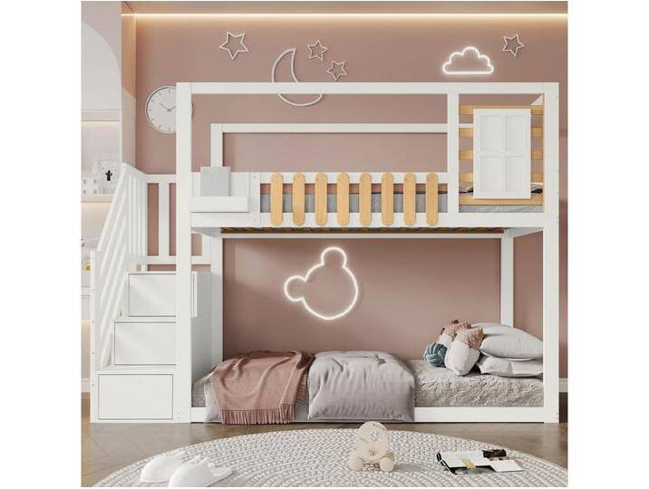 Kinder-Etagenbett - 2 x 90 x 200 cm - mit Fenster + 3 Schließfächer in der Treppe - MDF + Holz - weiß von Kauf-Unique Marketplace