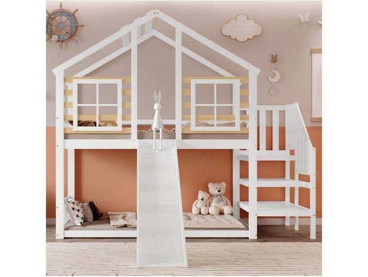 Kinder-Etagenbett - 2 x 90 x 200 cm - mit Treppe + Rutsche + Fenster - Hochbett - Holz + MDF - weiß von Kauf-Unique Marketplace