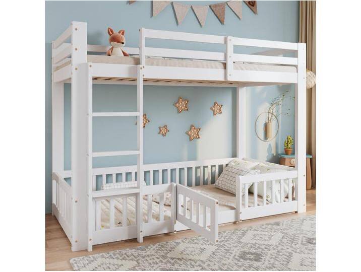 Kinder-Etagenbett - 2 x 90 x 200 cm - mit rechtwinkliger Treppe + Geländer + Tür Natur - Holz - Weiß Kinder-Etagenbett - 2 x 90 x 200 cm - mit rechtwinkliger Treppe + Geländer + Tür Natur - Holz - Weiß von Kauf-Unique Marketplace