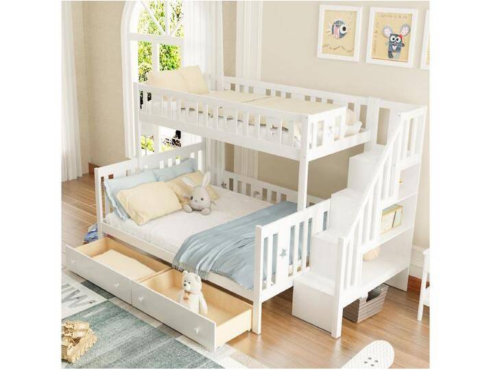 Kinder-Etagenbett - 90 x 200 cm + 140 x 200 cm - mit 2 Schubladen + Stauraum in der Treppe - Holz + MDF - weiß Kinder-Etagenbett - 90 x 200 cm + 140 x 200 cm - mit 2 Schubladen + Stauraum in der Treppe - Holz + MDF - weiß von Kauf-Unique Marketplace