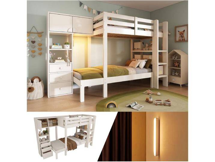 Kinder-Etagenbett - 90 x 200 cm - mit Nachtlicht + Kleiderschrank + Regal + 3 Schubladen - Holz + Metall - weiß Kinder-Etagenbett - 90 x 200 cm - mit Nachtlicht + Kleiderschrank + Regal + 3 Schubladen - Holz + Metall - weiß von Kauf-Unique Marketplace