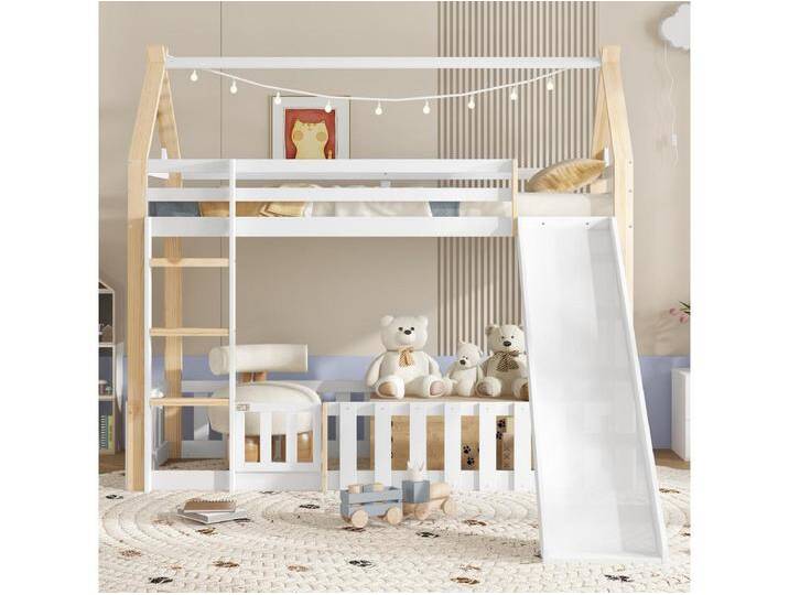 Kinder-Etagenbett - 90 x 200 cm - mit Rutsche + Zaun + Leiter - Kiefer + MDF - weiß von Kauf-Unique Marketplace