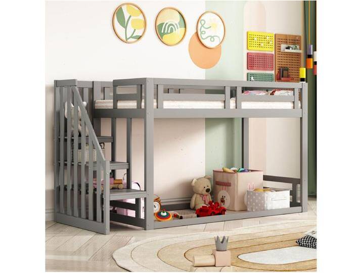 Kinder-Etagenbett - 90 x 200 cm - mit Sicherheitstreppe - Holz + MDF - grau von Kauf-Unique Marketplace