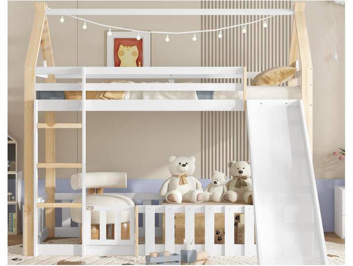 Kinder-Etagenbett 90×200 cm - mit Schutzgitter und Rutsche - mit 3-stufiger Leiter - Massivholz + MDF - weiß (ohne Matratze) von Kauf-Unique Marketplace