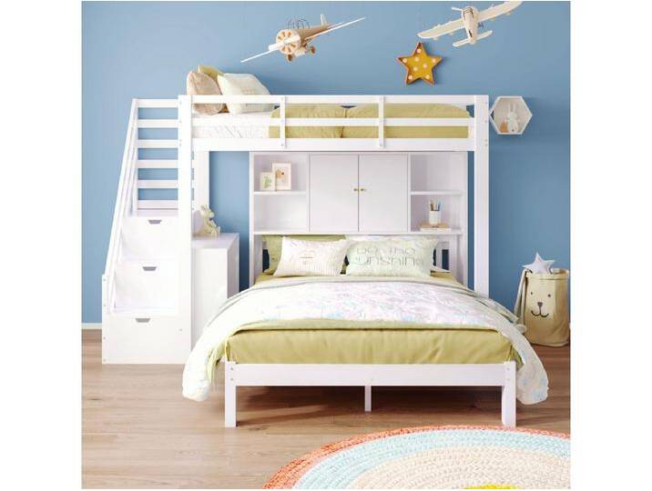 Kinder-Etagenbett mit Ablageboden - 90 x 200 cm + 140 x 200 cm - Treppe und abnehmbarem Beistelltisch - Massivholz + MDF - Weiß von Kauf-Unique Marketplace