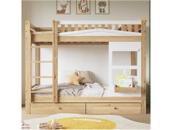 Kinder-Etagenbett mit Fenster - 90 x 200 cm - mit Absturzsicherung - zwei Schubladen und Stauraum - Kiefer + MDF - weiß + natur von Kauf-Unique Marketplace