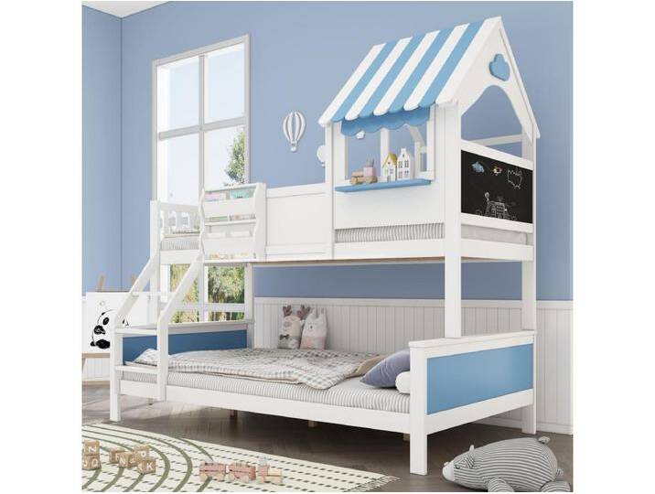 Kinder-Etagenbett mit Stauraum - 90 x 200 cm + 120 x 200 cm - mit schräger Leiter - Kiefer + MDF - weiß + blau von Kauf-Unique Marketplace