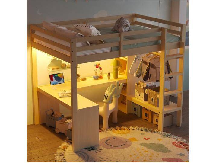 Kinder-Hochbett – 140 x 200 cm – mit Regalen + Schreibtisch + LEDs + USB – Holz + MDF – natur von Kauf-Unique Marketplace