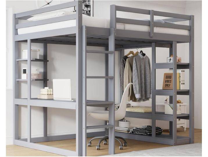 Kinder-Hochbett 140x200cm - mit Leiter - mit Tisch - mit einfachem Kleiderbügel - Grau (ohne Matratze) von Kauf-Unique Marketplace