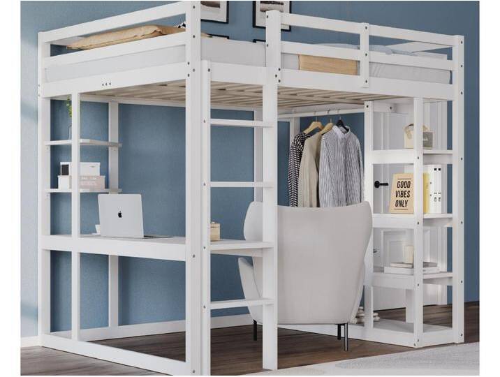 Kinder-Hochbett 140x200cm - mit Leiter - mit Tisch - mit einfachem Kleiderbügel - Weiß (ohne Matratze) von Kauf-Unique Marketplace