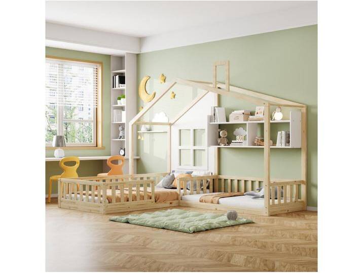 Kinder-Hochbett 90 x 200 cm + 140 x 70 cm mit Regalen - Sperrholz + MDF + Kiefer - Lattenrost inklusive - Holzfarbe von Kauf-Unique Marketplace