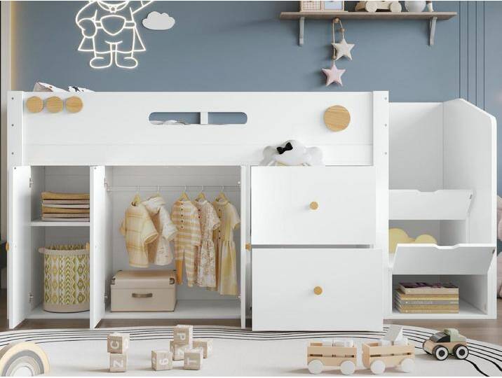 Kinder-Hochbett 90×200 cm - mit 2 Schubladen und Großschrank - Treppe mit Stauraum - Massivholz + MDF - weiß (ohne Matratze) von Kauf-Unique Marketplace