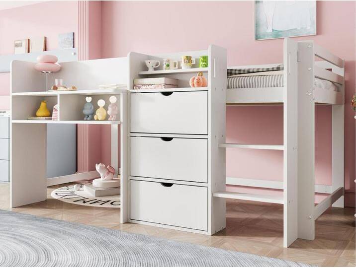 Kinder-Hochbett 90×200 cm - mit Stauraum - mit kleiner Leiter - weiß (Matratze nicht inbegriffen) von Kauf-Unique Marketplace