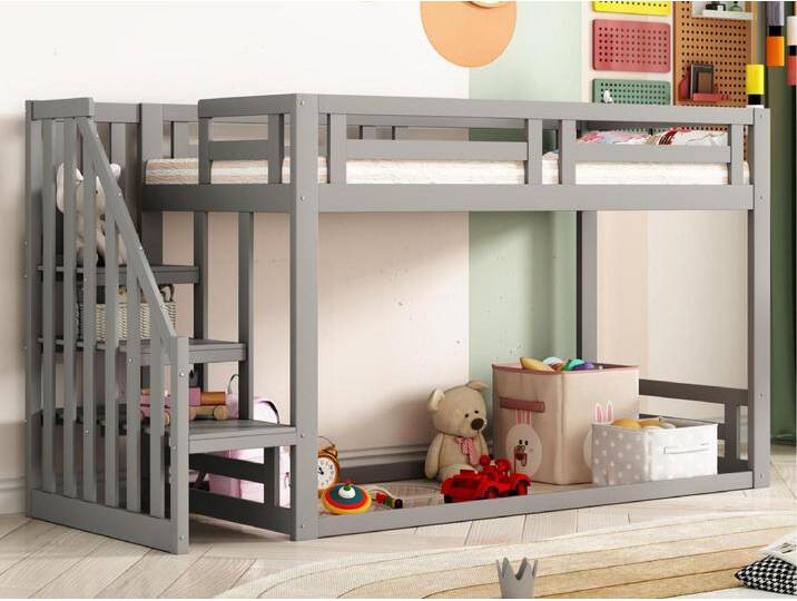 Kinder-Hochbett 90×200 cm - mit Treppe und Lattenrost - grau von Kauf-Unique Marketplace