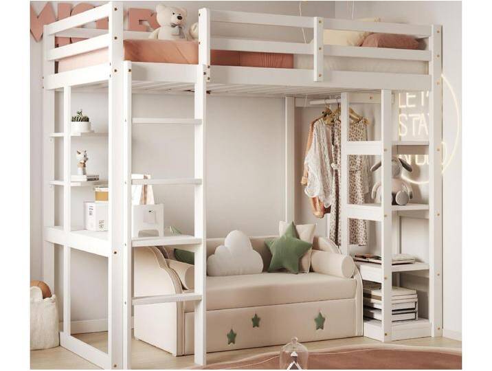 Kinder-Hochbett 90x200cm - mit Leiter - mit Tisch - mit einfachem Kleiderbügel - Weiß (ohne Matratze) von Kauf-Unique Marketplace