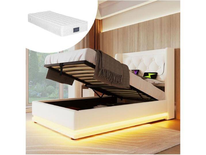 Kinder-Polsterbett mit Stauraum - 90 x 200 cm - Matratze + Leds + Kopfteil mit USB - PU-Ledser - Weiß Kinder-Polsterbett mit Stauraum - 90 x 200 cm - Matratze + Leds + Kopfteil mit USB - PU-Ledser - Weiß von Kauf-Unique Marketplace
