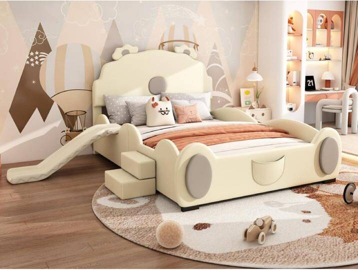 Kinderbett 140 x 200 cm mit Rutsche und Treppe, gepolstert mit Kunstleder, Lattenrost, beige Kinderbett 140 x 200 cm mit Rutsche und Treppe, gepolstert mit Kunstleder, Lattenrost, beige von Kauf-Unique Marketplace