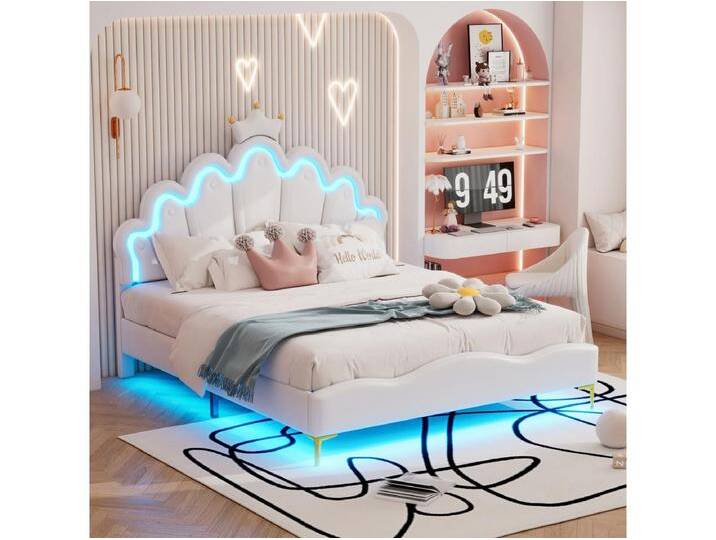 Kinderbett 140 x 200 cm – weiß PU – Kinderbett mit LED-Beleuchtung – Lattenrost – ohne Matratze von Kauf-Unique Marketplace