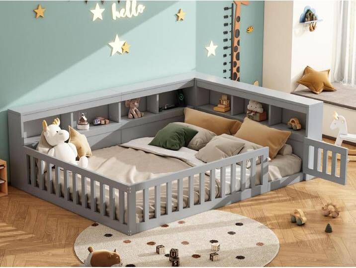 Kinderbett 140x190 cm - Kopfteil con Staufach - Lattenrost - mit Steckdose und USB-Anschluss - grau von Kauf-Unique Marketplace