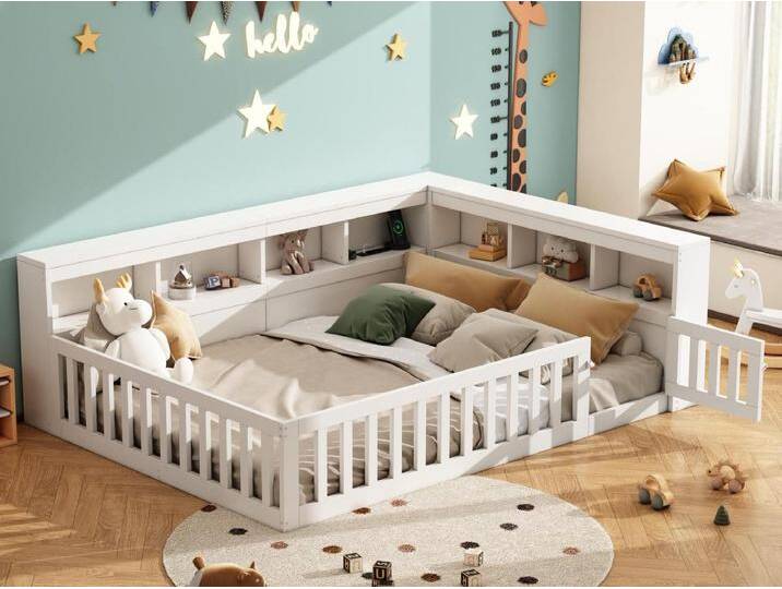 Kinderbett 140x190 cm - Kopfteil mit Staufach - Lattenrost - mit Steckdose und USB-Anschluss - weiß von Kauf-Unique Marketplace