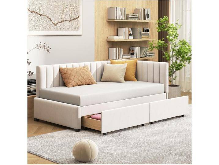 Kinderbett 90 x 200 cm - Einzelbett mit 2 Schubladen und Armlehnen - beiger Samt - matratze nicht enthalten Kinderbett 90 x 200 cm - Einzelbett mit 2 Schubladen und Armlehnen - beiger Samt - matratze nicht enthalten von Kauf-Unique Marketplace