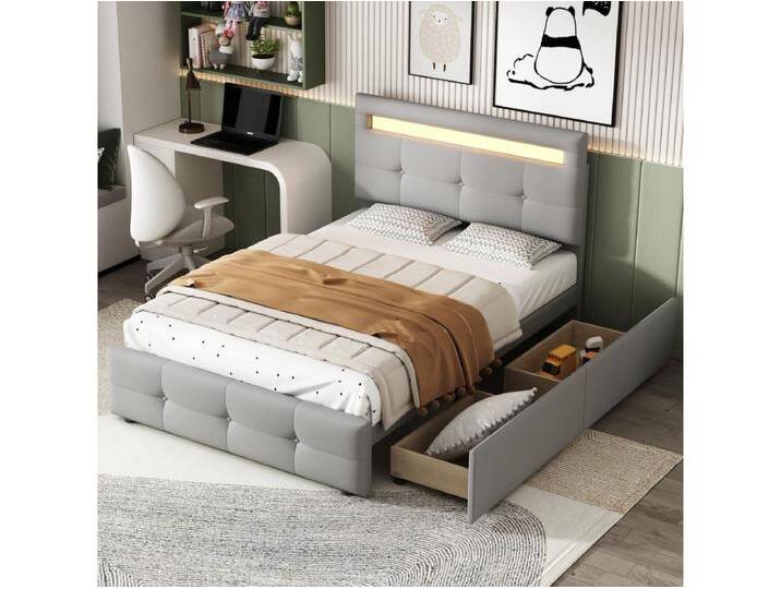 Kinderbett 90 x 200 cm – LED-Beleuchtung und Schubladen – Graues Leinen – Ohne Matratze Kinderbett 90 x 200 cm – LED-Beleuchtung und Schubladen – Graues Leinen – Ohne Matratze von Kauf-Unique Marketplace