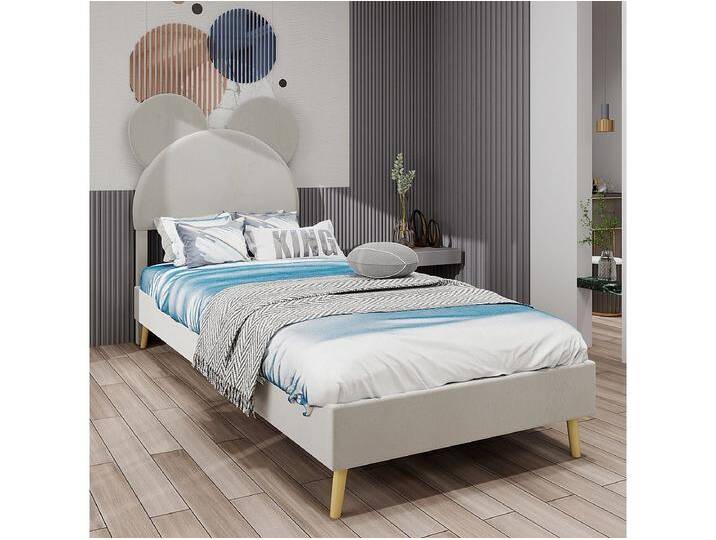 Kinderbett 90 x 200 cm mit Cartoon-Kopfteil und Lattenrost – beiger Samt (ohne Matratze) von Kauf-Unique Marketplace