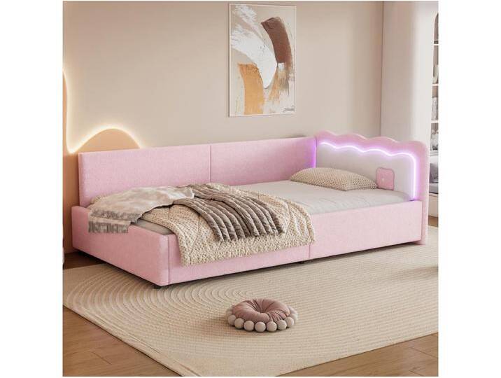 Kinderbett 90 x 200 cm mit Kopfteil, Schlafsofa – LEDs – Samt – Lattenrost – Rosa (ohne Matratze) von Kauf-Unique Marketplace