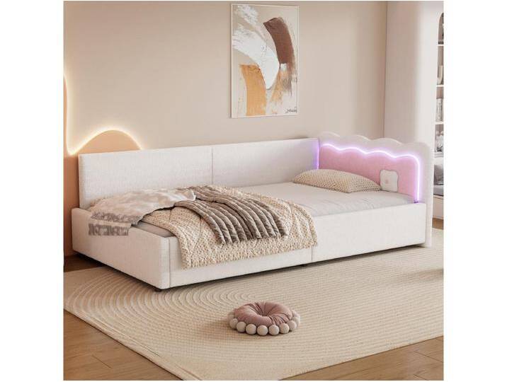 Kinderbett - 90 x 200 cm - mit Kopfteil - Schlafsofa - LEDs - Samt - Lattenrost - weiß von Kauf-Unique Marketplace