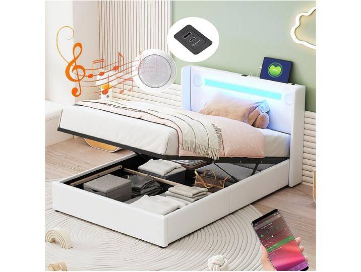 Kinderbett 90x200 cm in schwarzem Kunstleder - LED, Bluetooth-Player, USB-Anschluss, Aufbewahrungsbox und Sockel Kinderbett 90x200 cm in schwarzem Kunstleder - LED, Bluetooth-Player, USB-Anschluss, Aufbewahrungsbox und Sockel von Kauf-Unique Marketplace