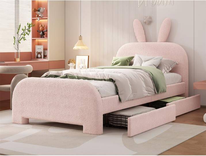 Kinderbett 90x200 cm mit 2 Schubladen - Kopfteil in Hasenform - Rosa von Kauf-Unique Marketplace