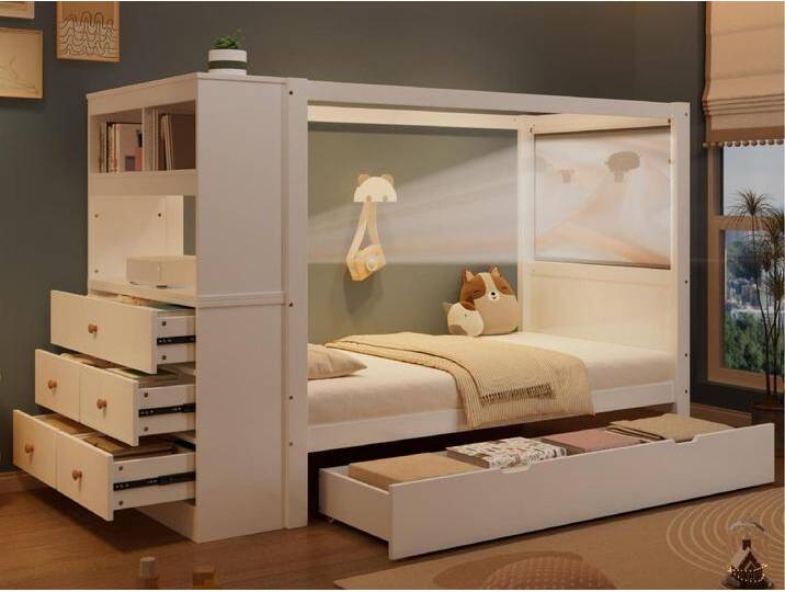 Kinderbett 90x200 cm - mit 5 Schubladen - mit Schutzgitter - mit Aufbewahrungsstütze - Weiß (ohne Matratze) von Kauf-Unique Marketplace