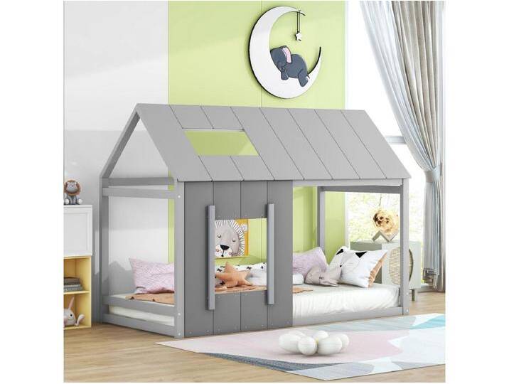 Kinderbett 90x200 cm mit Dach und Fenster, Holzlattenrost, grau - ohne Matratze von Kauf-Unique Marketplace