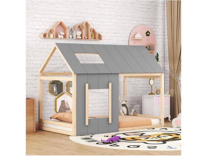 Kinderbett 90x200 cm mit Dach und Fenster, Holzlattenrost, natur und grau - ohne Matratze von Kauf-Unique Marketplace