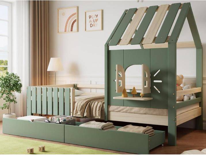 Kinderbett 90x200 cm - mit Dach und Fenster - mit Umzäunung - mit 2 Schubladen - Massivholz + MDF - grün + natur von Kauf-Unique Marketplace