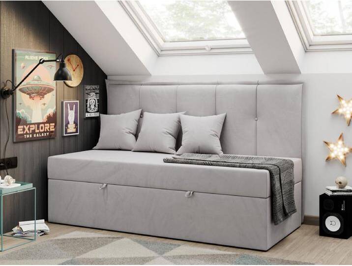 Kinderbett BANCO - Einzelbett für Jugendliche, Set mit Kopfteil und Matratze, Boxspringbett, Bettkasten - 90x200 cm - Hellgrau Velvet Kinderbett BANCO - Einzelbett für Jugendliche, Set mit Kopfteil und Matratze, Boxspringbett, Bettkasten - 90x200 cm - Hellgrau Velvet von Kauf-Unique Marketplace